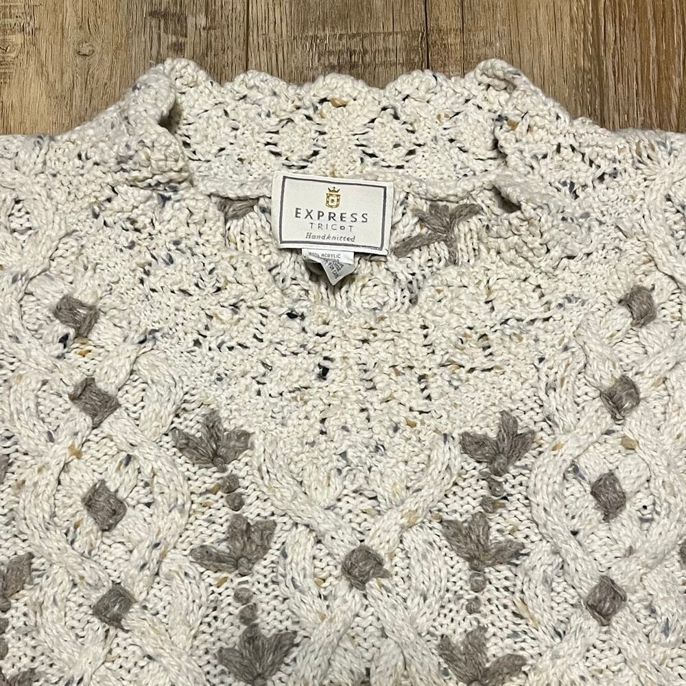 VTG Express Tricot Hand Knit Floral Sweater M Cream Angora Wool Grandma Cottage - Picture 3 of 7